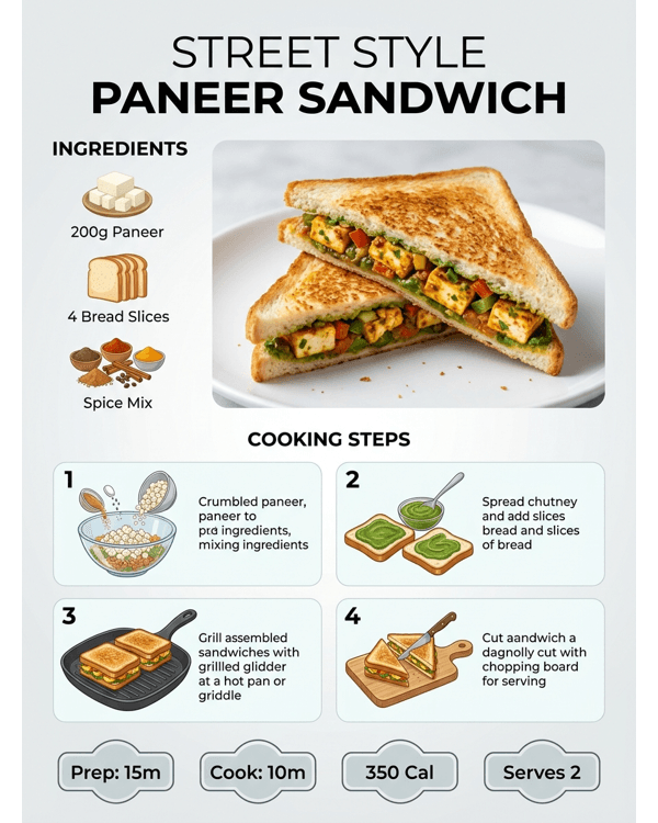 A perfectly toasted North Indian style paneer sandwich served with green chutney and ketchup A perfectly toasted North Indian style paneer sandwich served with green chutney and ketchup