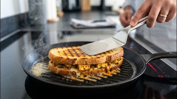 Two perfectly grilled paneer sandwiches sliced diagonally, showing the melted and spiced filling.