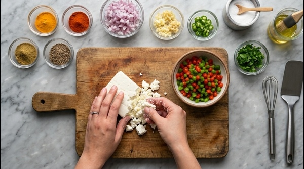 Chopped vegetables and crumbled paneer in a modern kitchen setting