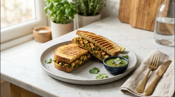 A professionally plated Paneer Sandwich with golden brown grilled bread and fresh herbs on a modern marble countertop.