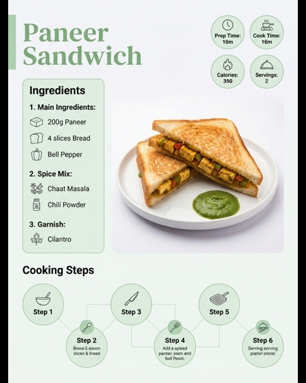 A professionally plated Paneer Sandwich with golden brown grilled bread and fresh herbs on a modern marble countertop.