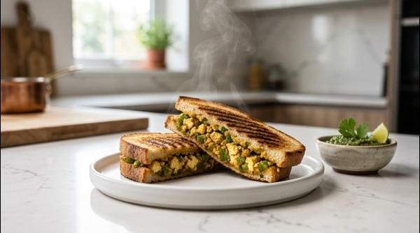 A golden brown Paneer Sandwich served on a white plate with green chutney