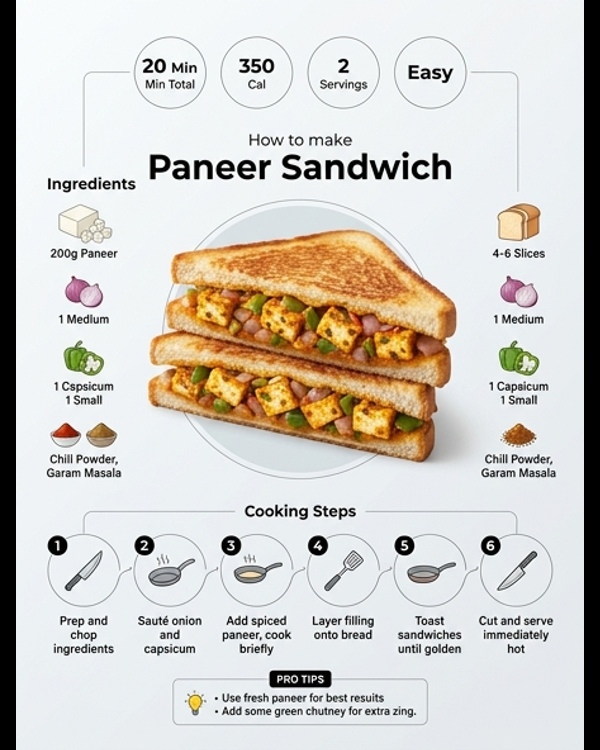 A golden brown Paneer Sandwich served on a white plate with green chutney