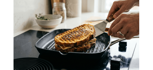 Grilling the paneer sandwich on a modern black griddle until golden brown Grilling the paneer sandwich on a modern black griddle until golden brown