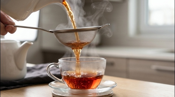 A clear glass mug filled with hot black tea and a lemon slice garnish