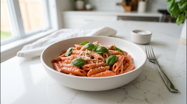 A creamy bowl of pink sauce pasta garnished with fresh basil and parmesan