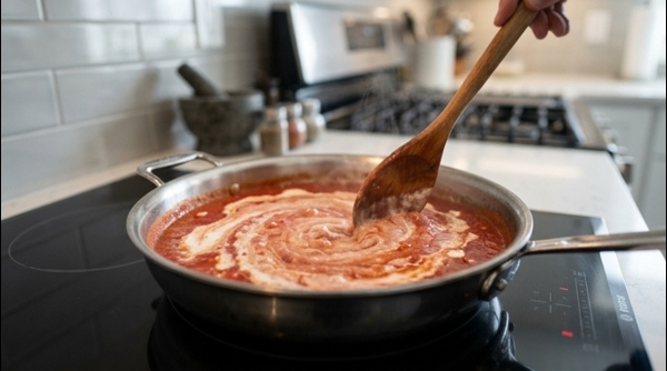 A beautifully plated bowl of pink sauce pasta with melting cheese and fresh herbs