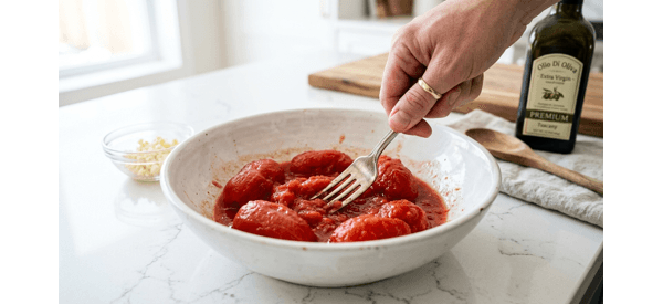 Crushed tomatoes in a bowl with minced garlic on a modern marble countertop Crushed tomatoes in a bowl with minced garlic on a modern marble countertop