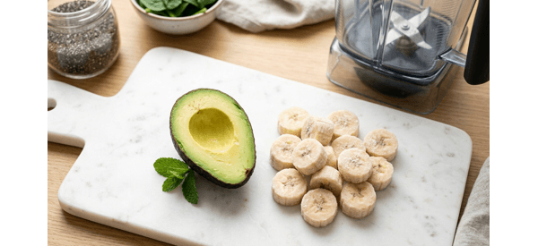 Slicing fresh avocado and frozen banana chunks on a white marble board Slicing fresh avocado and frozen banana chunks on a white marble board