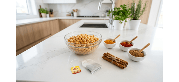 Whole spices and soaked chickpeas ready for the pressure cooker
