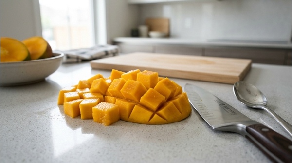 Diced fresh mangoes on a modern marble countertop