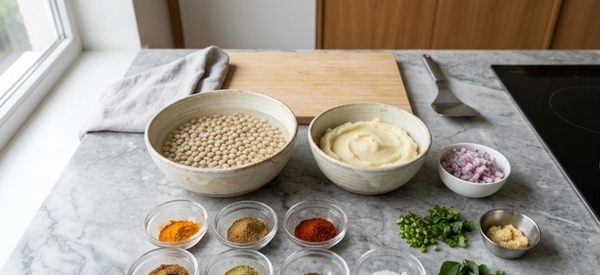 Simmering white peas with turmeric and spices in a pan Simmering white peas with turmeric and spices in a pan