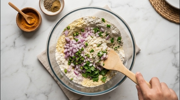 Mixing multigrain flours and fresh vegetables for thalipeeth dough