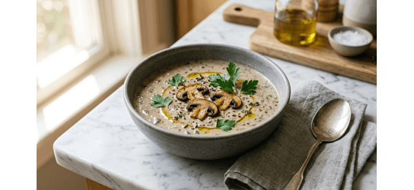 A creamy bowl of protein rich mushroom soup garnished with fresh herbs and sautéed mushrooms A creamy bowl of protein rich mushroom soup garnished with fresh herbs and sautéed mushrooms