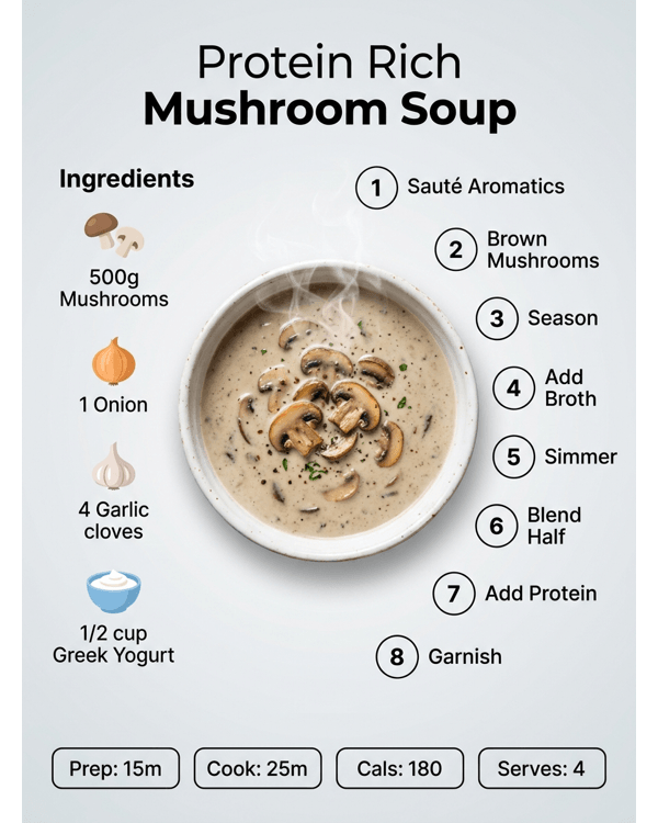 A creamy bowl of protein rich mushroom soup garnished with fresh herbs and sautéed mushrooms A creamy bowl of protein rich mushroom soup garnished with fresh herbs and sautéed mushrooms