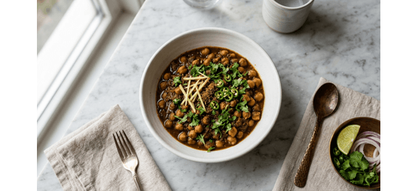 Traditional Punjabi Style Kabuli Chana served in a white bowl with fresh coriander
