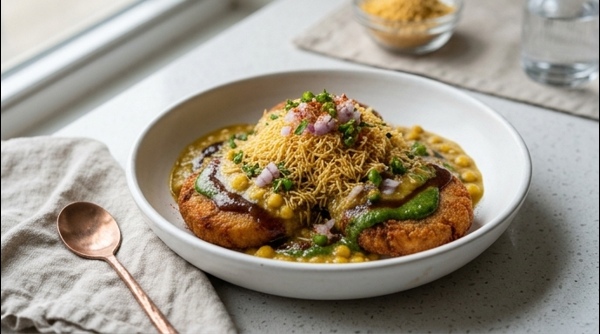 Authentic Mumbai street style Ragda Pattice garnished with tangy chutneys and crunchy sev