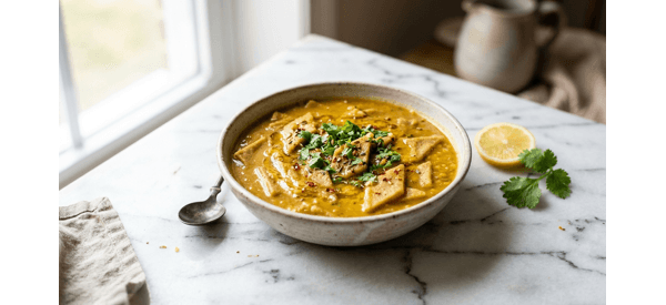 A steaming bowl of Authentic Rajasthani Dal Dhokli garnished with fresh coriander and ghee A steaming bowl of Authentic Rajasthani Dal Dhokli garnished with fresh coriander and ghee