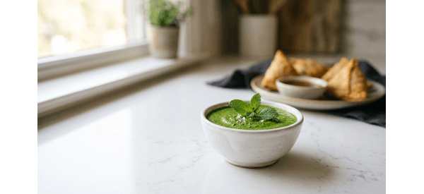 A small white ceramic bowl filled with vibrant green restaurant style chutney on a marble counter A small white ceramic bowl filled with vibrant green restaurant style chutney on a marble counter