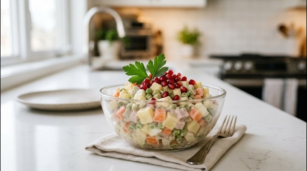A creamy bowl of Russian Salad garnished with fresh herbs on a modern marble countertop