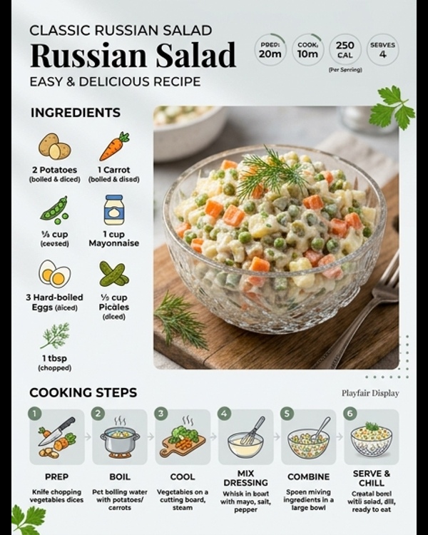 A creamy bowl of Russian Salad garnished with fresh herbs on a modern marble countertop