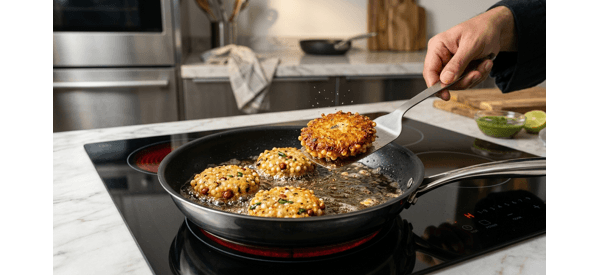 Plated Sabudana Vada with green chutney in a high-end studio kitchen setting Plated Sabudana Vada with green chutney in a high-end studio kitchen setting