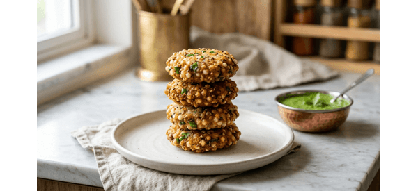 Crispy golden brown shallow fried Sabudana Vada served on a modern white plate Crispy golden brown shallow fried Sabudana Vada served on a modern white plate