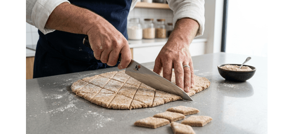 A person cutting rolled out dough into diamond shapes for Dal Dhokli A person cutting rolled out dough into diamond shapes for Dal Dhokli