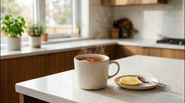 A steaming cup of clear amber black tea on a modern marble countertop