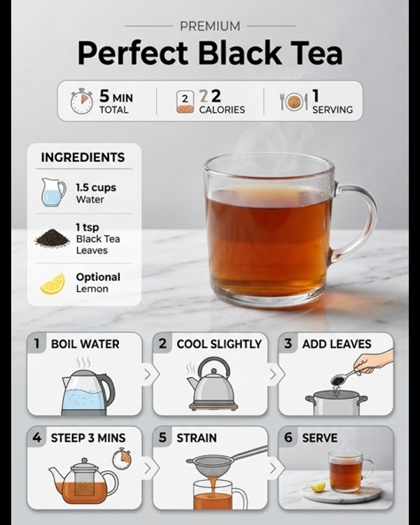 A steaming cup of clear amber black tea on a modern marble countertop