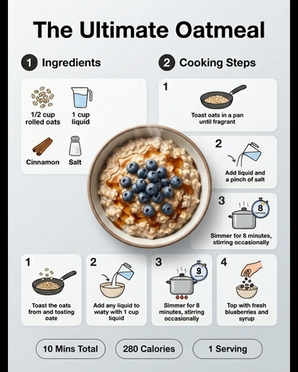 A beautiful bowl of creamy oatmeal topped with fresh blueberries and sliced almonds on a marble countertop