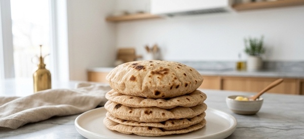 A stack of soft golden chapatis served on a modern white plate in a clean kitchen