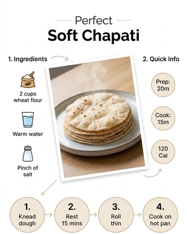 A stack of soft golden chapatis served on a modern white plate in a clean kitchen