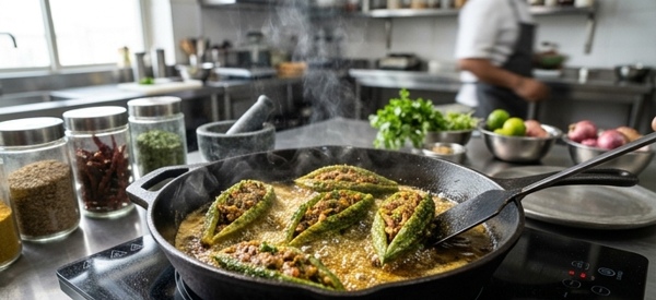 Stuffed bitter gourds sizzling in mustard oil in a modern non-stick pan