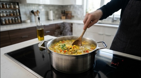 Final plated sweet corn soup in a white ceramic bowl with fresh garnishes