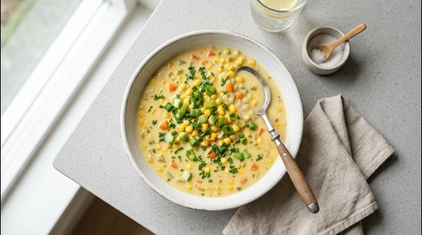 A steaming bowl of restaurant style sweet corn soup with spring onion garnish