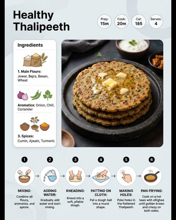 A stack of healthy veg thalipeeth served on a modern white plate with a side of white butter