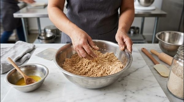 Rubbing ghee into whole wheat flour to create a crumbly texture