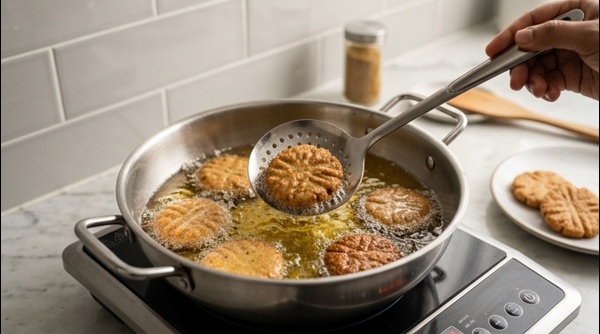 Deep fried golden brown Thekua cookies cooling on a wire rack