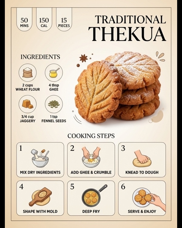 A platter of golden brown Thekua cookies on a modern white marble surface