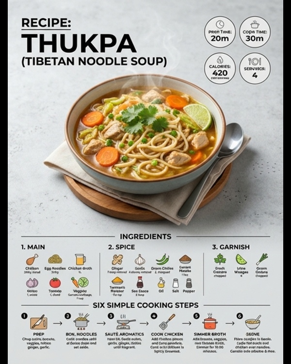 A steaming bowl of Tibetan Thukpa with chicken and fresh vegetables