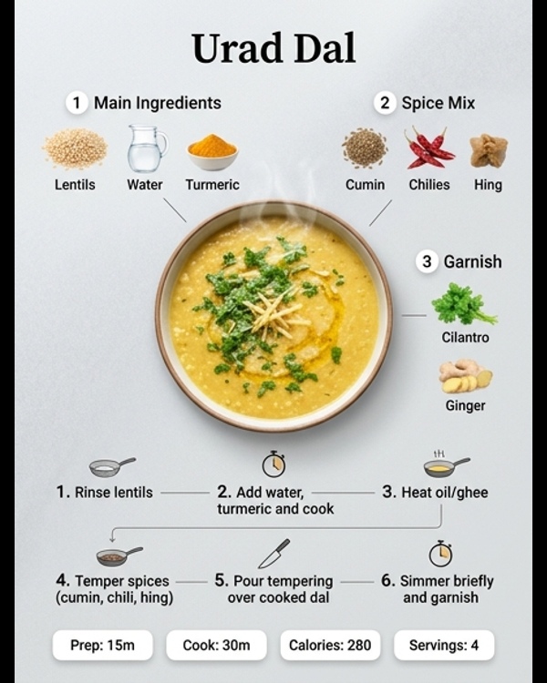 A steaming bowl of creamy Urad Dal garnished with fresh cilantro and ginger juliennes