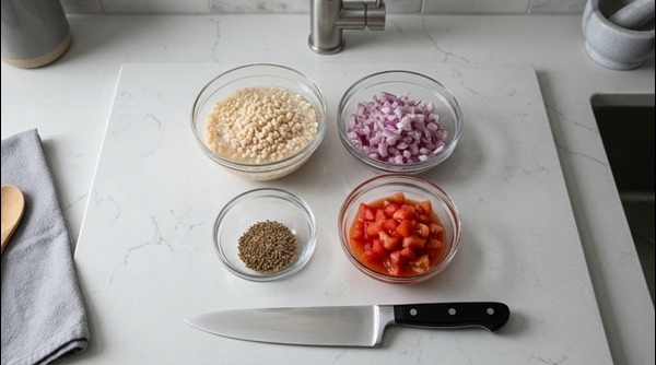 Chopped onions, tomatoes, and soaked urad dal arranged on a modern marble countertop