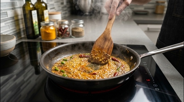 Pouring the spicy tadka over the cooked urad dal in a modern stainless steel pan