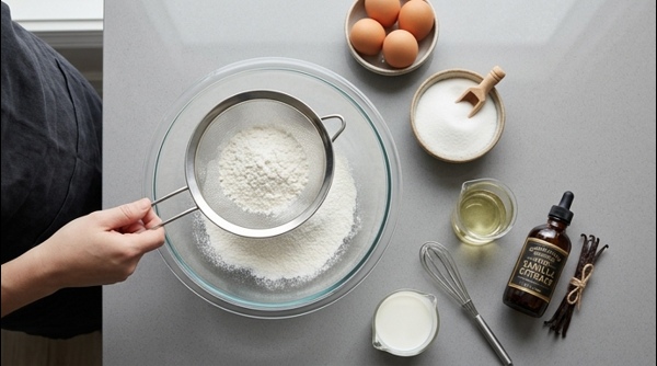 Sifting dry ingredients into a clean glass bowl for the vanilla cake batter