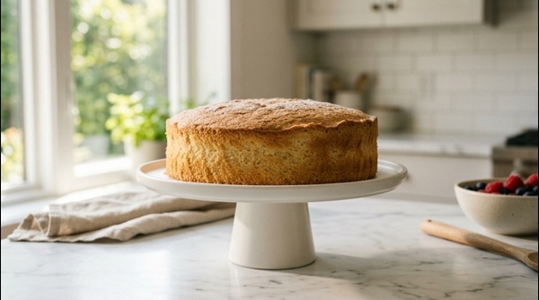 A soft and fluffy bakery style sponge vanilla cake on a modern white cake stand