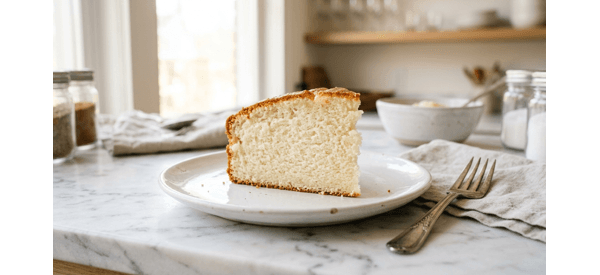 A slice of soft and fluffy vanilla cake on a white plate with crumbs A slice of soft and fluffy vanilla cake on a white plate with crumbs