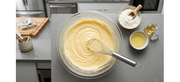 Whisking yogurt and sugar in a glass bowl for the cake batter Whisking yogurt and sugar in a glass bowl for the cake batter