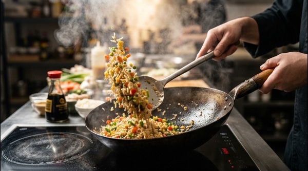 Tossing veg fried rice in a hot wok with steam rising and colorful vegetables mixed in