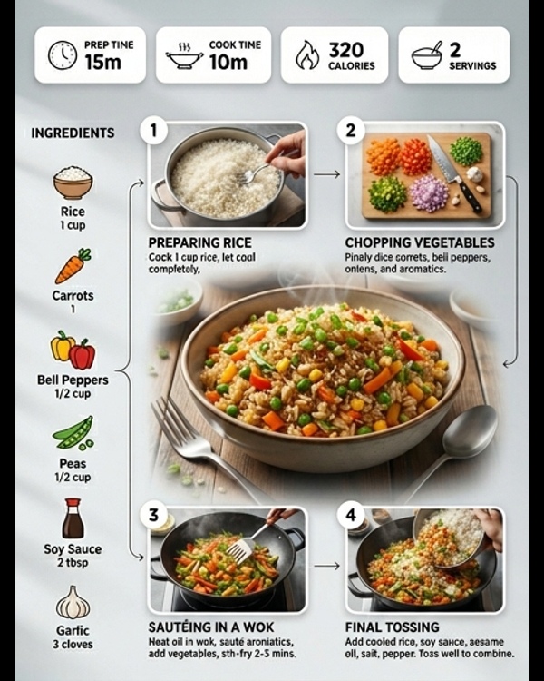 A steaming bowl of restaurant-style veg fried rice with colorful vegetables and spring onions